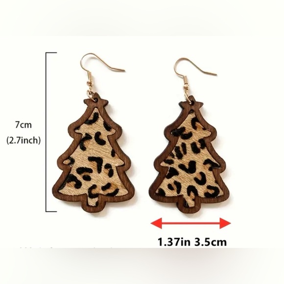 Leopard Print Christmas Tree Dangle Wooden Earrings Lightweight - Picture 2 of 4